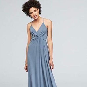 David's Bridal Drapey Jersey V-Neck Sheath with Gathered Waist, Slate Blue